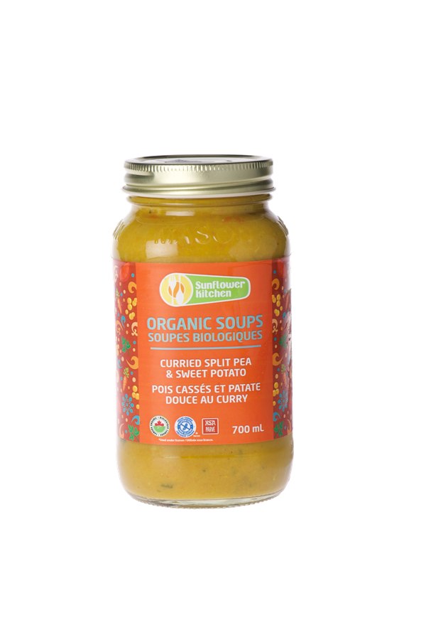Organic Curried Split Pea & Sweet Potato soup in a 700 mL mason jar