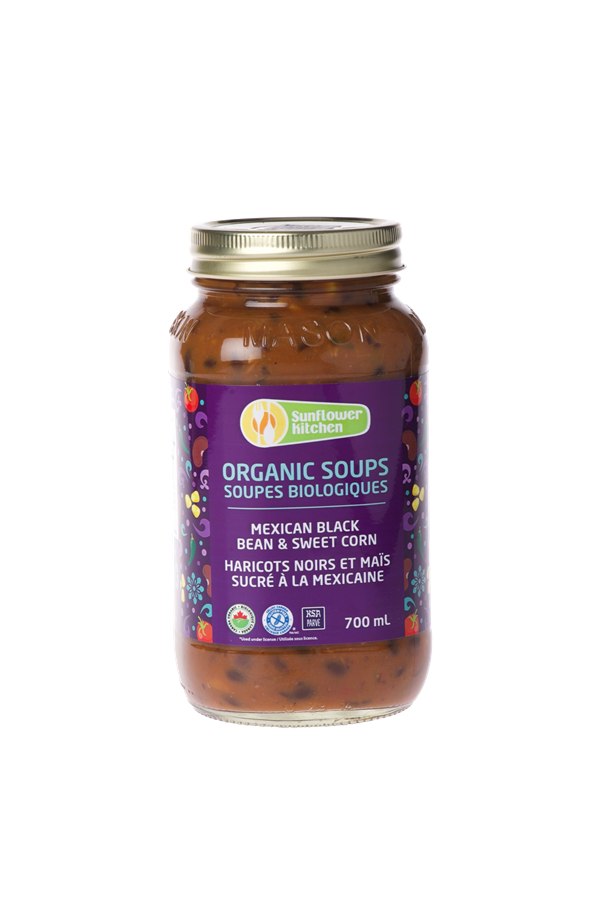 Organic Mexican Black Bean & Sweet Corn soup in a 700 mL mason jar